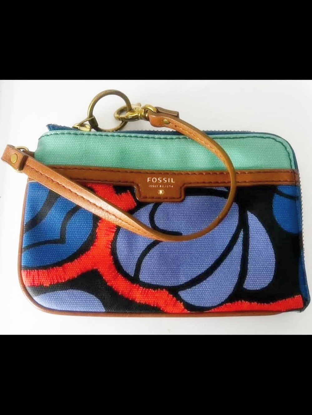 Fossil Teal, Blue & Red Floral Canvas Wristlet with Tan Trim